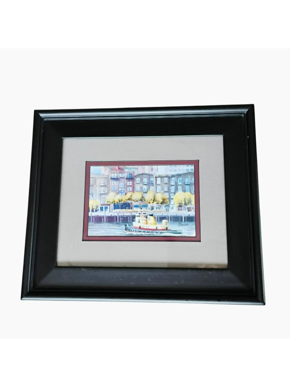 Framed Signed Watercolor Print Of Cityscape & Tugboat, Howell 13x11 Black Frame